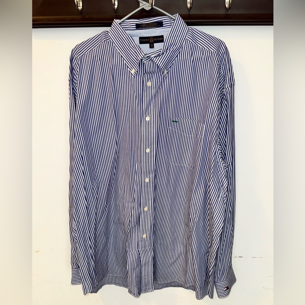 Tommy Hilfiger Golf Mens L/S Blue White Pocket Striped Dress Shirt Size XXL